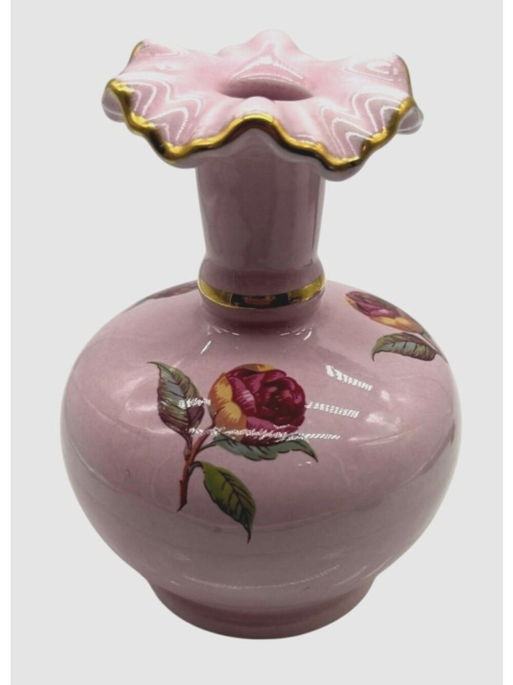 Vintage Pink Ceramic Rose Vase With Gold Detailing & Scalloped Rim 4"H X 3" W